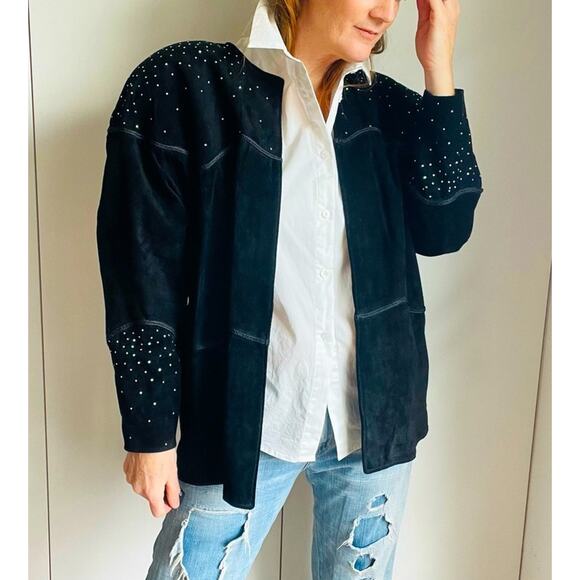 Vintage Suede Jacket/Coat Black Rhinestones Deadstock Y2K/90s Era Rocker Chic - Picture 11 of 11